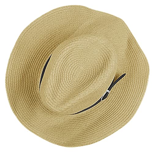 Men's Floppy Packable Straw Hat Beach Cap Newsboy Fedora Sun Hat, Big Brim, Adjustable Chin Strap - color: Beige