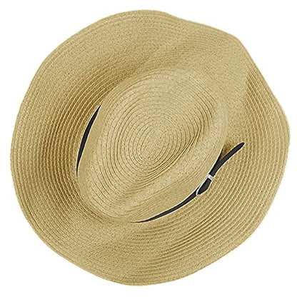 Men's Floppy Packable Straw Hat Beach Cap Newsboy Fedora Sun Hat, Big Brim, Adjustable Chin Strap - color: Beige
