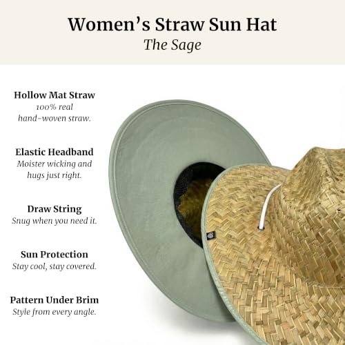 Women's Wide Brim Straw Sun Hat for Beach, Lifeguard Style, Hand-Woven Rush & Mat, Adjustable Chin Drawstring - color: The Sage