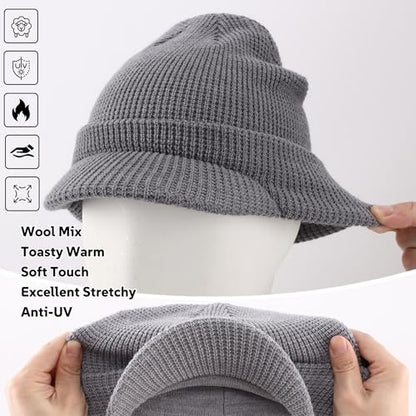 Home Prefer Mens Wool Blend Winter Hat Double-Layer Warm Knit Pre-Curve Visor Beanie Brimmed Beanies Hat for Men Women - color: Ash
