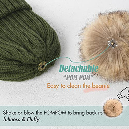 FURTALK Womens Winter Beanie Hat Satin Lined Faux Fur Pom Pom Beanies Hat for Women Winter Warm Knit Hats - color: Green
