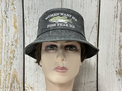 Women Want Me Fish Fear Me Embroidered Bucket Hat for Men Boy - color: Women Want Me - Washed Black