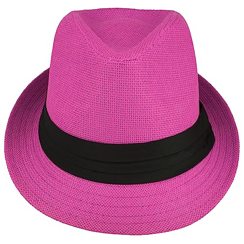 Gelante Summer Fedora Panama Straw Hats with Black Band - color: Pink, size: Large-X-Large