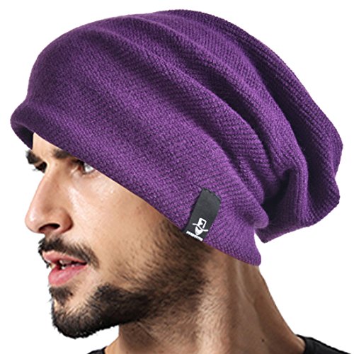 VECRY Mens Slouchy Beanie Knit Skull Cap Long Baggy Hip-hop Winter Summer Hat B305 - color: Purple, size: Large