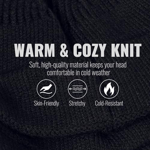 CLAPE Winter Knit Beanie with Brim, Unisex Cozy Head Beanie Hat with Visor, Warm Stretchy Winter Hat - color: Kh25w11-black