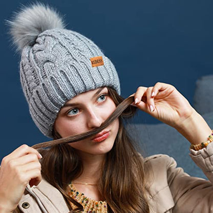 REDESS Women Winter Pompom Beanie Hat with Warm Fleece Lined Thick Slouchy Snow Knit Hat Skull Ski Cap - color: Khaki