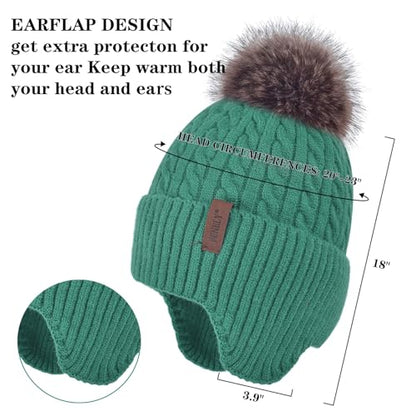 FENELY Women's Knitted Warm Beanie Winter Hat, Warm Chunky Snow Hat with Pompom - color: Green