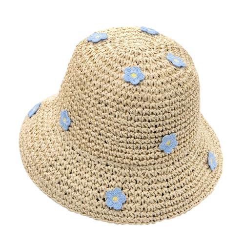 YAMEIZE Wide Brim Straw Bucket Hat - for Women UV Protection Packable Crochet Sun Hat Floral Foldable Beach Sun Cap Travel - color: Beige