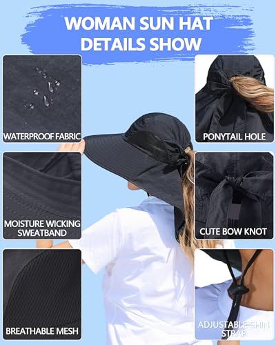 Womens Sun Hat Outdoor UV Protection Wide Brim Fishing Hat with Ponytail Hole Neck Flap for Beach Hiking Camping - color: Sun Hat-black