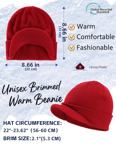 Home Prefer Men's Winter Beanie Hat with Brim Warm Double Knit Cuff Beanie Cap Watch Radar Hat - color: Red