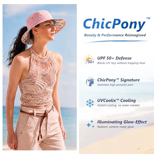 ChicPony™ Big Head Womens Ponytail Bucket Sun Hat Cooling Quick-Dry - color: Beige - Palm Leaf, size: Large-X-Large