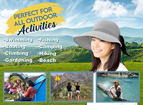 Straw Sun Visor for Women, Wide Brim UPF 50+ Protection Beach Hat, Adjustable, Roll Up Foldable Ponytail Cap with Chin Strap - color: A Light Grey