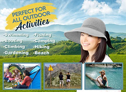 Straw Sun Visor for Women, Wide Brim UPF 50+ Protection Beach Hat, Adjustable, Roll Up Foldable Ponytail Cap with Chin Strap - color: A Light Grey