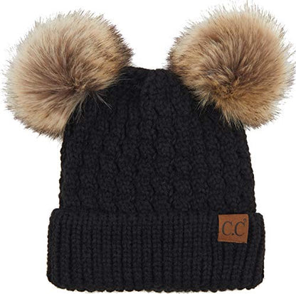 Funky Junque Women’s Double Pom Pom Beanie – Soft Knit Winter Hat for Women & Teens, Warm Cuffed Beanie with Faux Fur Poms - color: Black/Natural Faux Fur, size: Small-X-Large
