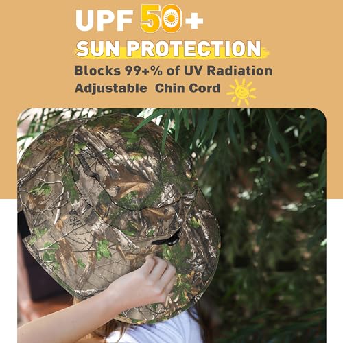 Men Safari Sun Hat Wide Brim Boonie Fishing Cap with Adjustable Drawstring - color: Deciduous Woodland Camo