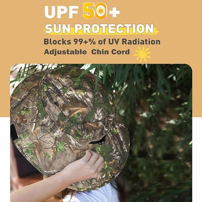 Men Safari Sun Hat Wide Brim Boonie Fishing Cap with Adjustable Drawstring - color: Deciduous Woodland Camo
