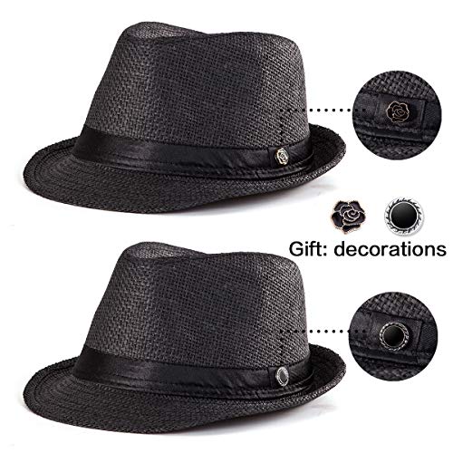XL Straw Fedora Hats for Men Summer Trilby Beach Travel Panama Casual 7 1/2 - color: Black