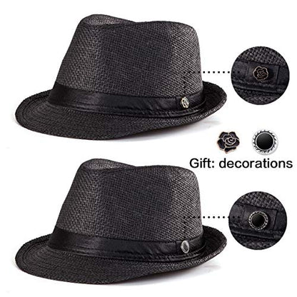 XL Straw Fedora Hats for Men Summer Trilby Beach Travel Panama Casual 7 1/2 - color: Black