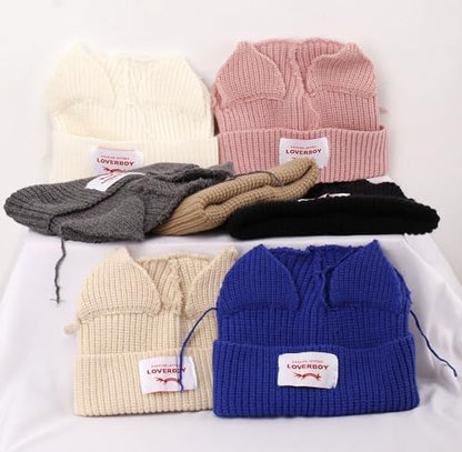 Knitted Beanie Hat Cute Rabbit Long Ears Fun Caps Fluffy Winter Warm Knitted Rabbit Hats Outdoor Slotty Cap - color: Biuez