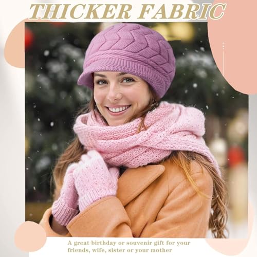 stablerice 4 Pack Womens Winter Beanie Hats Thick Warm Knit Hat with Visor Brim Wool Snow Ski Caps Chunky Soft Slouchy Cap - color: Black, Grey, Purple, White