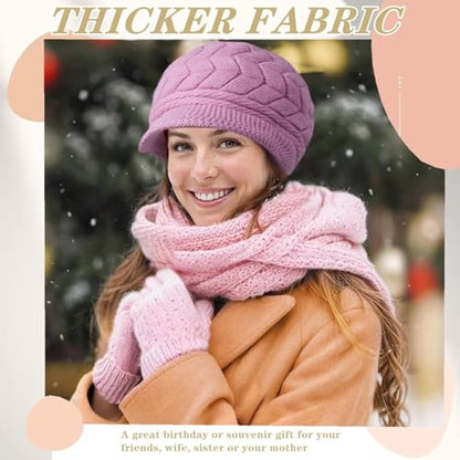 stablerice 4 Pack Womens Winter Beanie Hats Thick Warm Knit Hat with Visor Brim Wool Snow Ski Caps Chunky Soft Slouchy Cap - color: Black, Grey, Purple, White