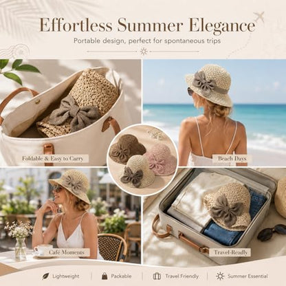 Elegant Woven Straw Sun Hat with Bow,Summer Beach Sun Straw Hats for Women,Wide Brim Packable Travel Bucket Hats,Summer Hats - color: Pink