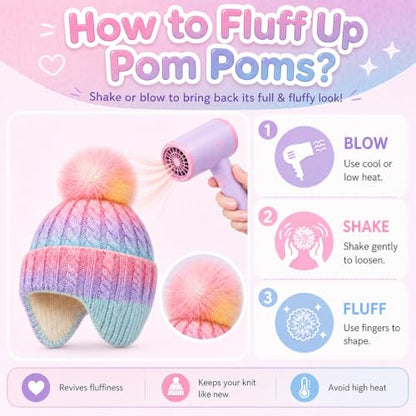 Girls Rainbow Earflap Beanie, Kids Pom Pom Knit Winter Ski Hat Ages 3-8 - color: Pompom - Multicolor