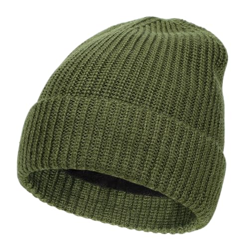 M/L/XL/XXL Merino Wool Beanie for Men & Women, Oversize Fleece Lined Warm Winter Double Layered Stylish Knit Cuffed Ski Hat - color: Army Green, size: X-Large-XX-Large