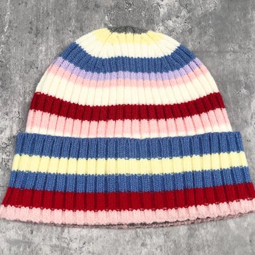 Colorful Striped Beanie Cuffed Winter Soft Rib Knit Hat for Women Men Gift - color: Blue