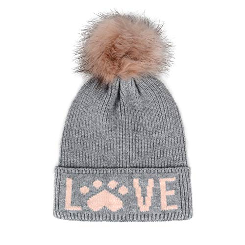 Cat Mom Cat Dad Beanie Collection – Jacquard Pom Pom Hats & Double-Layer Embroidered Beanies for Pet Lovers - color: Gray Hat Pink Love