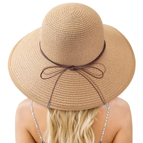 Beach Sun Hats for Women, Straw Hat for Women, Women’s Sun Hat UPF 50+ - color: Khaki-bow