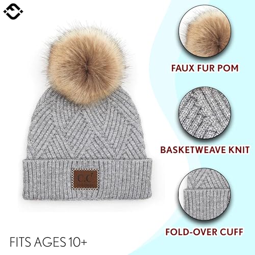 Funky Junque Women’s Pom Pom Beanie – Soft Knit Winter Hats for Women & Teens, Warm Fashionable Beanie with Faux Fur Poms - color: Grey - Diagonal Stripes