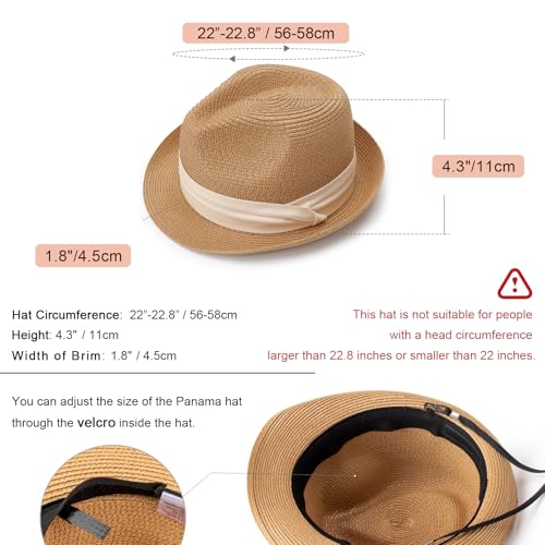AQOKKA Summer Straw Fedora Hat for Women Men Travel Panama Hat with Wide Brim Roll Up Sun Hat for Beach Outdoor UPF 50+ - color: Khaki-beige