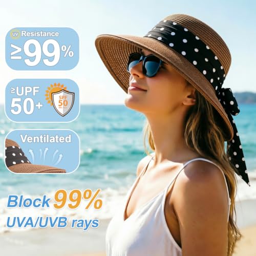 DRESHOW Sun Hats for Women Travel Fedora Foldable Beach Sun Hat Summer Wide Brim Straw Bucket Hat with Bowknot UPF 50+ - color: 1 Pack Bowknot Straw Hat: Coffee (Black Polka Dot Band)