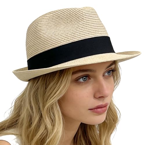 Wildarms Womens Straw Trilby Hat Short Brim Fedora - color: Beige, size: 7 3/8