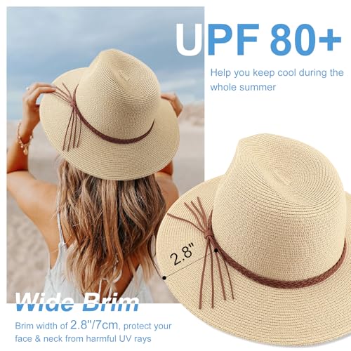 DRESHOW Women Straw Panama Hat Travel Fedora Beach Sun Hat Summer Wide Brim Straw Roll up Hat UPF 50+ - color: Straw Hat With Braided Band: Beige