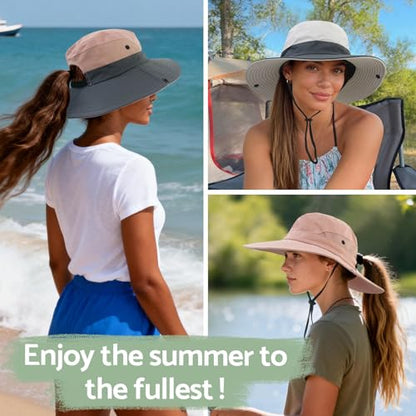 NPQQUAN Ponytail Sun Hats for Women UPF 50+ Wide Visor UV Protection Hat - color: Lightgrey/Grey (Ponytail Hole)