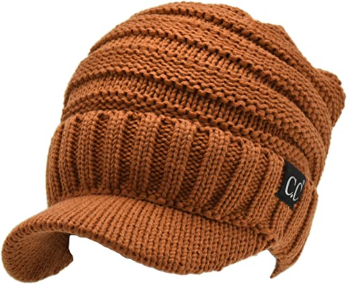 C.C Trendy Warm Oversized Chunky Soft Oversized Ribbed Slouchy Knit Hat with Visor Brim - color: Clay