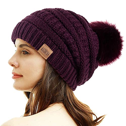REDESS Women Winter Pom Pom Beanie Hat with Warm Fleece Lined - color: Purple