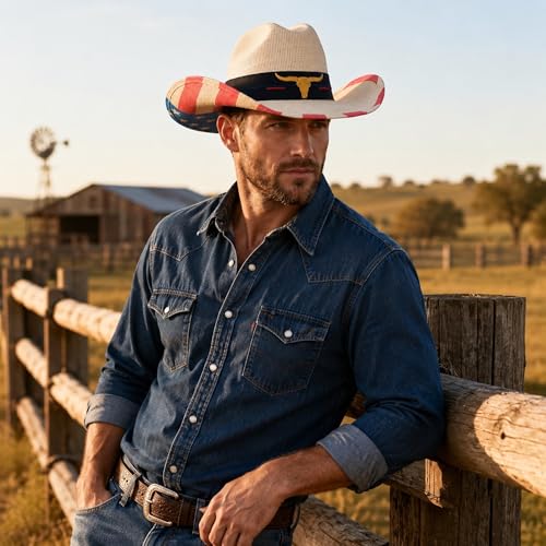 Cattleman Straw Western Cowboy Hat for Men Women, American Flag Hat - size: Medium