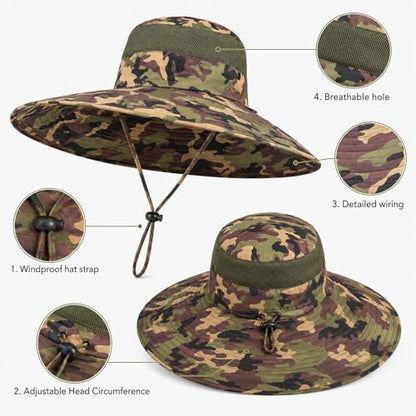 HUAMULAN Men Women 6" Wide Brim Sun Protection Hat Summer Fishing Hats - color: B7-camouflage-2