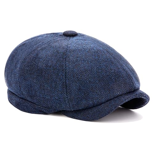 Men's Wool Newsboy Cap 8-Panel Tweed Taxi Hat Herringbone Gatsby Flat Hats - color: Navy Blue