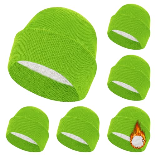 ZH 6 Pack Men's Winter Knit Beanies with Fleece Lining, Warm Stretchy Skull Caps for Cold Weather, Unisex Thermal Hats - color: Neongreen