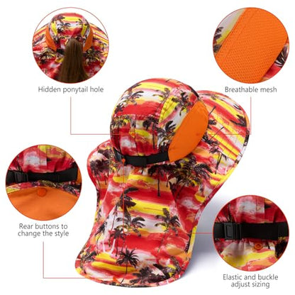 BASSDASH UPF 50+ Unisex Water Resistant Wide Brim Sun Hat with Large Neck Flap Ponytail Fishing Hat for Men Women - color: Sunset Palm Trees/Orange