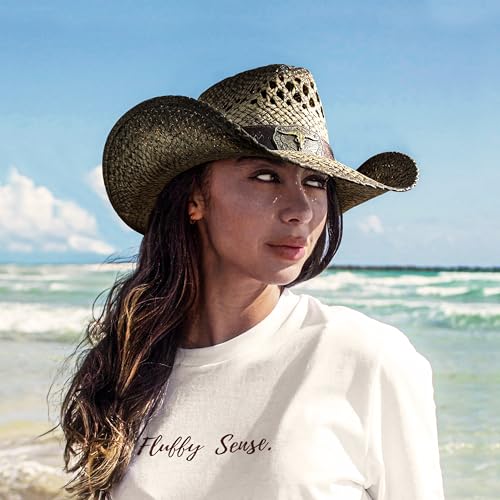 FLUFFY SENSE. Cowgirl Hats for Women Straw Cowboy Hat Western Beach Sun Hat with Shapeable Brim for Coastal Cowgirl - color: Faded Ash Brown