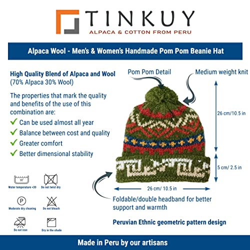 TINKUY Peru Alpaca Wool Winter Beanie, Handmade Bobble Hat, Unisex, One Size - color: Military