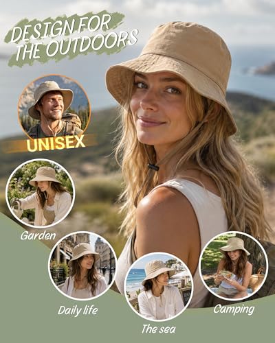 Water-Resistant UPF 50+ Sun Bucket Hat Packable Brimmed for Women Men - color: Khaki