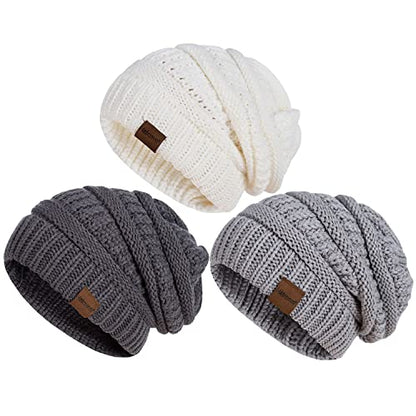 Slouchy Women's Winter 3 Pieces Beanie Hat Women Men Oversized Warm Knitted Women's Hat Winter Thick for Cold Weather - color: Dark Gray+soft Gray+white