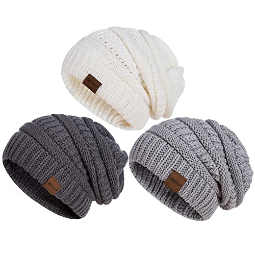 Slouchy Women's Winter 3 Pieces Beanie Hat Women Men Oversized Warm Knitted Women's Hat Winter Thick for Cold Weather - color: Dark Gray+soft Gray+white