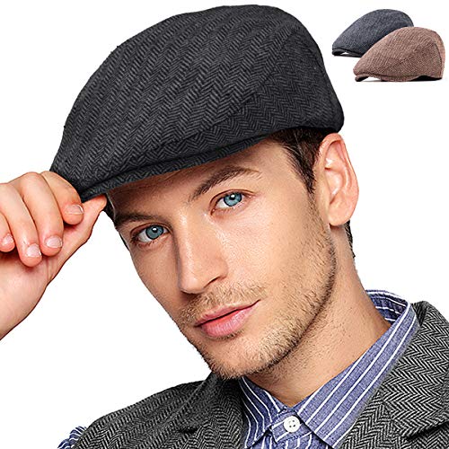 2-Pack Adjustable Newsboy Hats for Men Flat Cap Irish Wool Blend Tweed - color: 002 Black+brown 2pack, size: X-Large-XX-Large